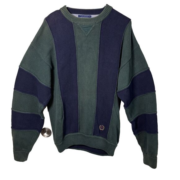 Vintage 90's Tommy Hilfiger Green & Blue  Striped Cotton Knit Sweater Men's XL - Picture 1 of 10